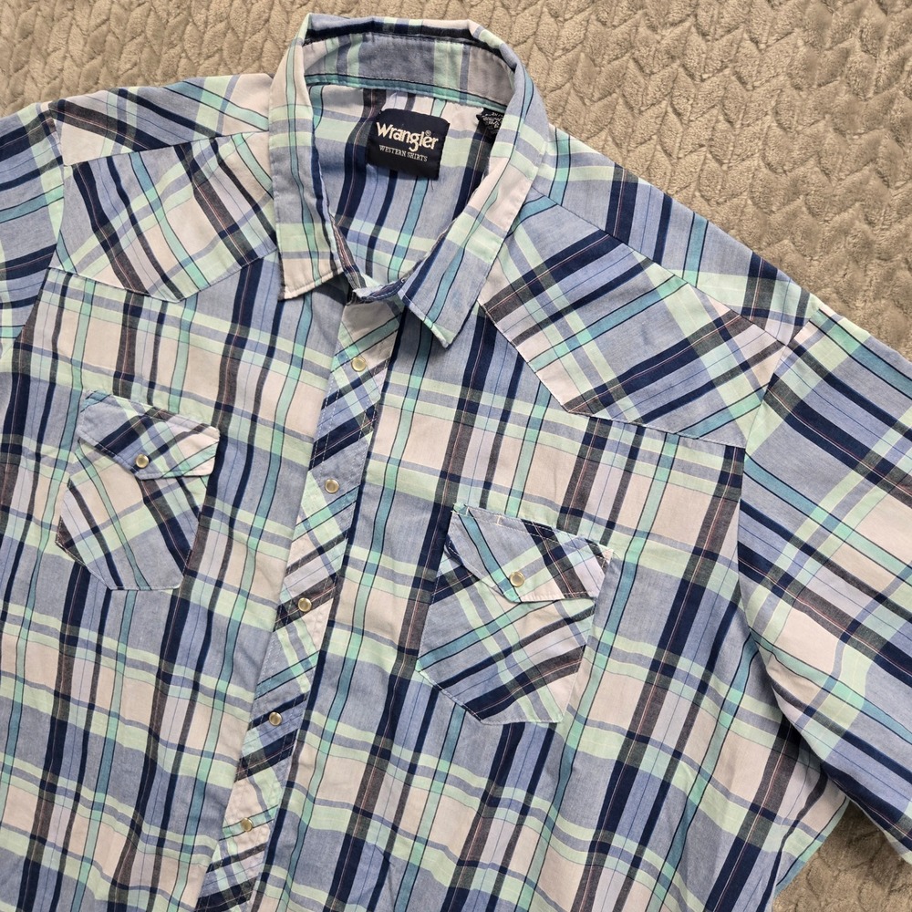 Wrangler Western Shirts Mens 3XB Blue Plaid Short Sleeve Pearl Snap Button Up